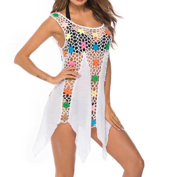 New Swimsuit Cover Up A-Line Gauzy with Crochet Flowers One Size - Picture 3 of 4